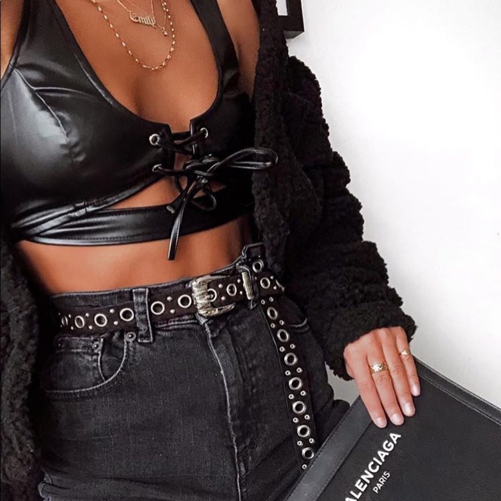 Tiger Mist Black Faux Leather Lace-Up Crop Top
